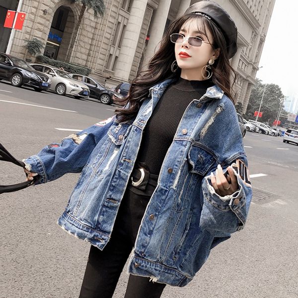 

sexemara fashion the new loose hole embroidery patch denim jacket ing, Black;brown