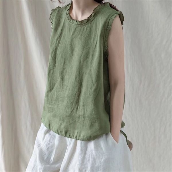 

2019 summer linen wooden collar sleeveless t-shirt vest solid color t-shirt women's artistic linen vest top, White