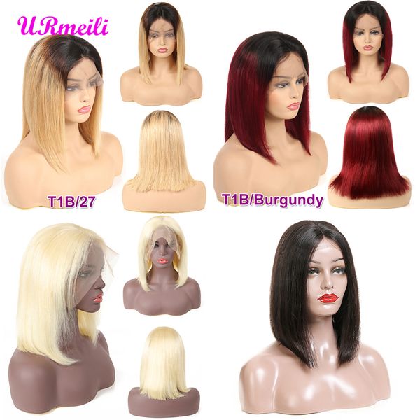 

lace front human hair bob wigs for black women pre plucked brazilian remy hair straight short ombre blonde bob wigs with baby hair, Black;brown