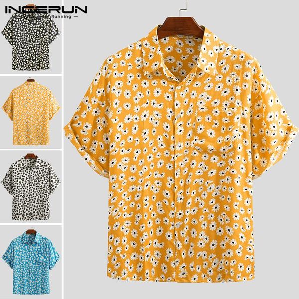 

2020 summer men hawaiian shirt short sleeve streetwear flower print cotton blouse lapel beach casual camisa masculina incerun, White;black