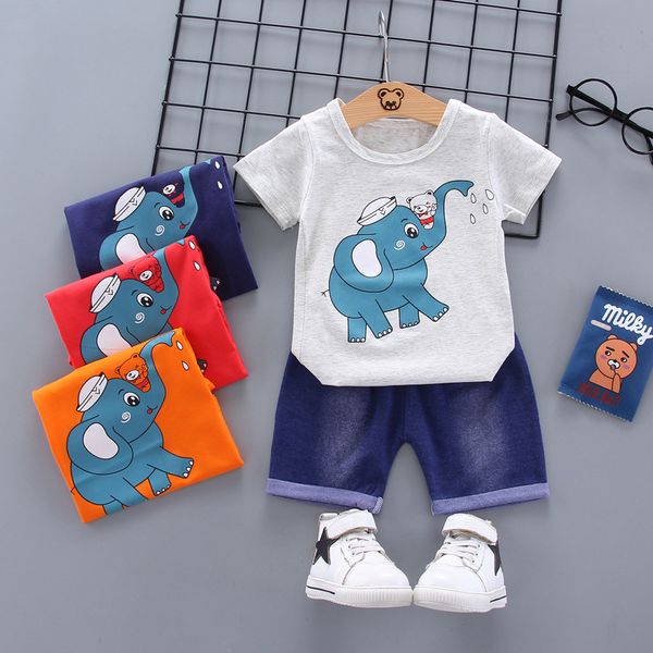 

new summer children's clothes set cartoon elephant children clothes suit cotton kids set quality boys, White