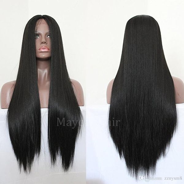 

sooth straight синтетический парик фронта шнурка с ребенком хвост шелковистые прямые черные волосы синтетические парики-j, Black