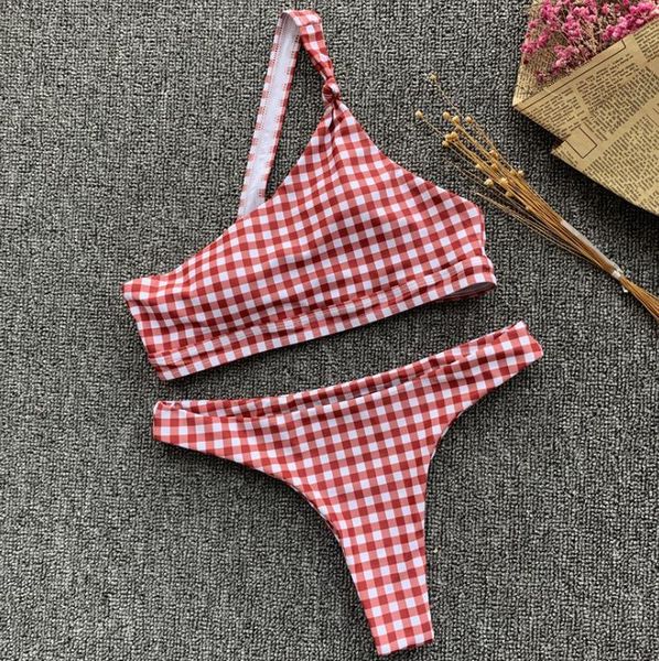 

new bikini explosive single shoulder swimsuit female chequered swimsuit europe and america