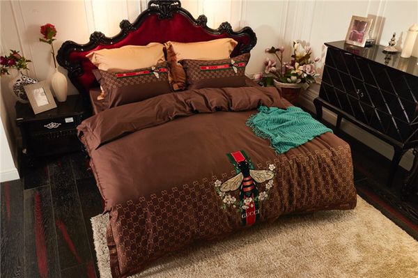 Brown Color Luxury Bee Embroidery Top Fabrics Bedding Suit