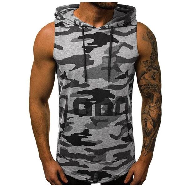 

male vest 2020 fashion camouflage sleeveless hooded jacket casual slim workout fitness men's clothing, White;black