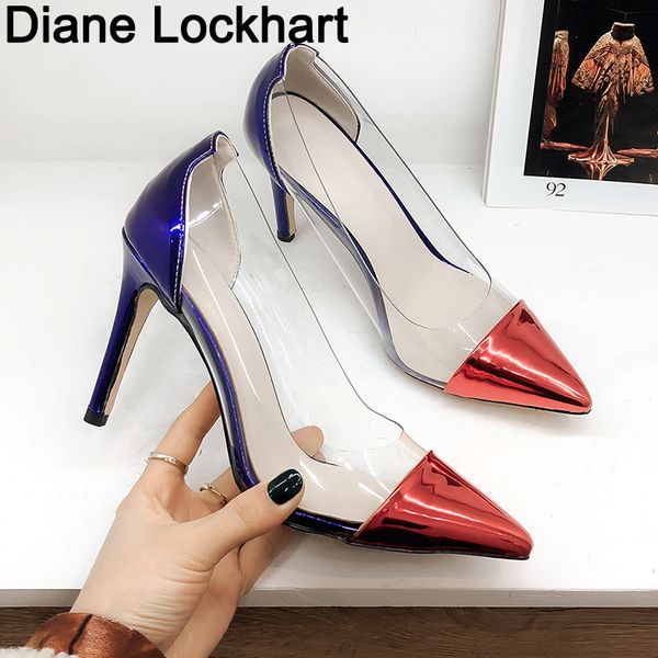 

2020 fashion mixed colors pvc pumps for woman transparent sandals thin high heels woman pointed toe shoes female sapato 32-45, Black