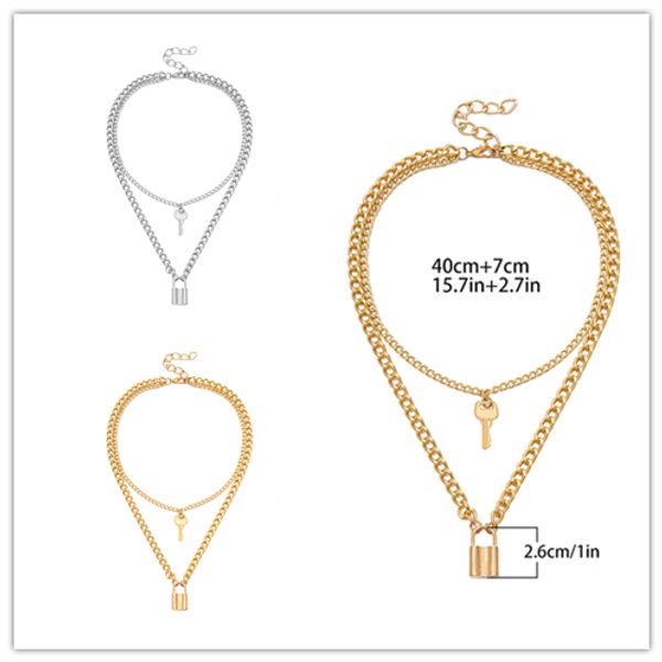 

1pcs 2 colors padlock key pendant necklace multilayer alloy chain necklace friendship gifts jewelry, Golden;silver
