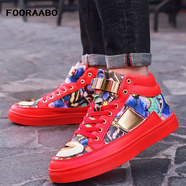 

new print luxury mens shoes casual flats red black 2019 autumn high men sneaker new fashion lace-up hip hop pu leather shoes