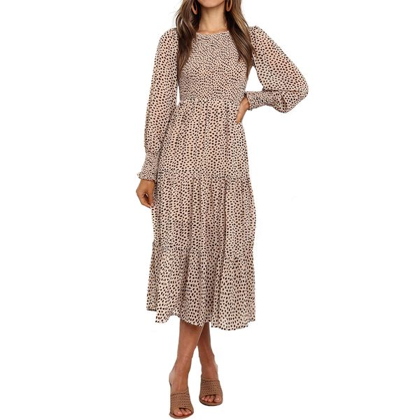 

fashion women's dressess spring autumn new style irregular dot chiffon print long-sleeved lantern sleeve stitching dress, Black;gray