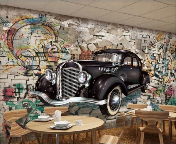 

3d room wallpaper custom p non-woven mural vintage classic car through the wall 3d stereo restaurant art canvas wallpaper for walls 3 d