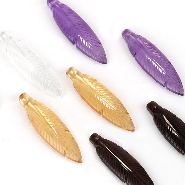 

hand carved purple quartz smoky quartz yellow white feather shape earrings beads, 35x9x3.5mm, 4g, Blue;slivery