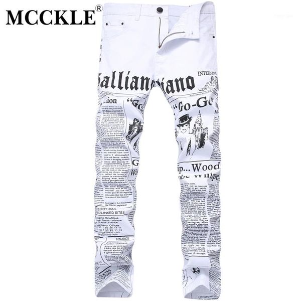 

mcckle 2017 autumn men denim trousers white printing newspaper casual pants mens painted skinny jeans for man size 28-421, Blue