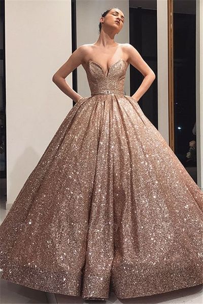 Sparkly Rose Gold Ballkleid Brautkleider mit Taschen Schatz Boden Länge Puffy Große Moderne Nicht Weiße Brautkleider Couture Custom Made