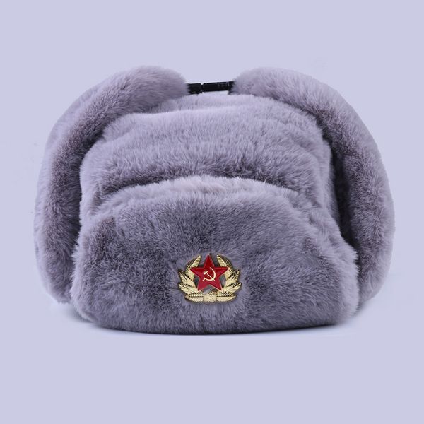 

soviet badge ushanka russian men women winter hats faux rabbit fur army military bomber hat cossack trapper earflap snow ski cap y200110, Blue;gray
