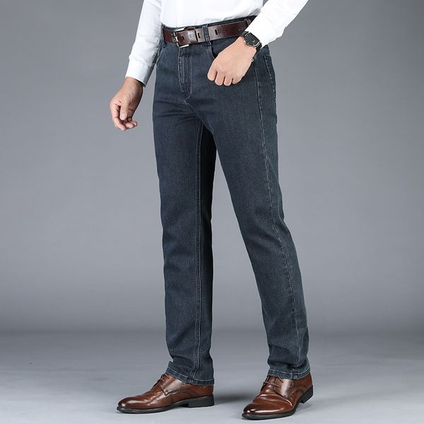 

stretch men's jeans trousers business casual loose straight high waist classic work clothing fashion large size, Blue