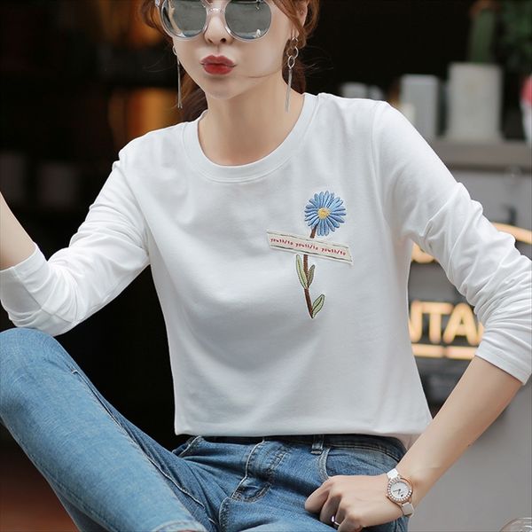 

2020 women's ins fashion slim white loose t-shirt women's long sleeve lazy season t-shirt embroidery embroidery embroidery