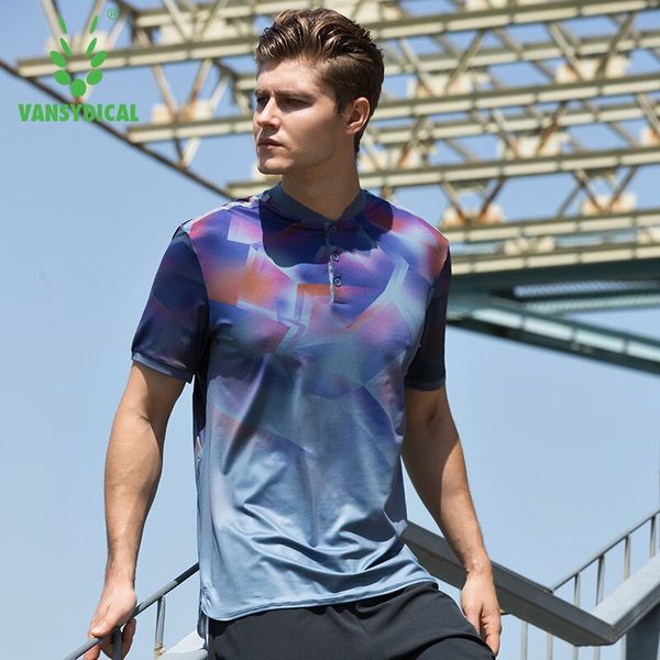 

2018 vansydical sports men printed run polo shirts short sleeve quick dry outdoor jogging workout tennis fitness sportswear, Black;blue