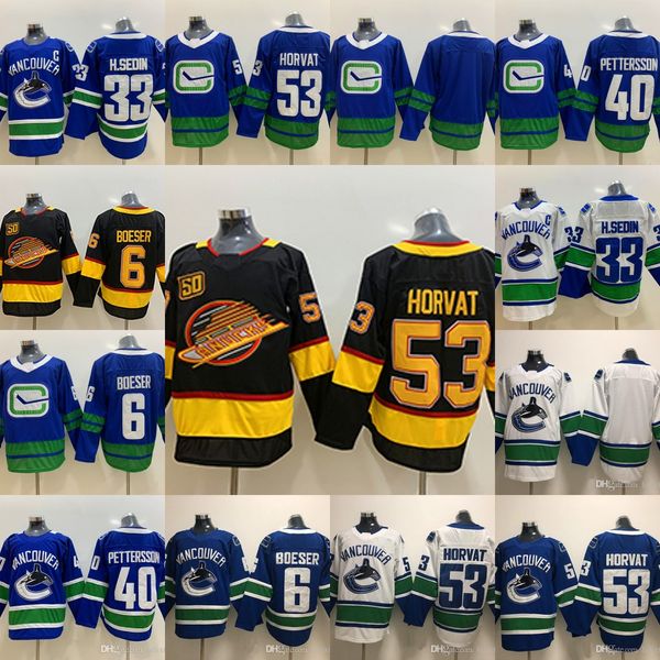 

2019-20 flying skate 6 brock boeser 50th patch vancouver canucks 40 elias pettersson 33 henrik sedin 53 bo horvat hockey jerseys, Black;red