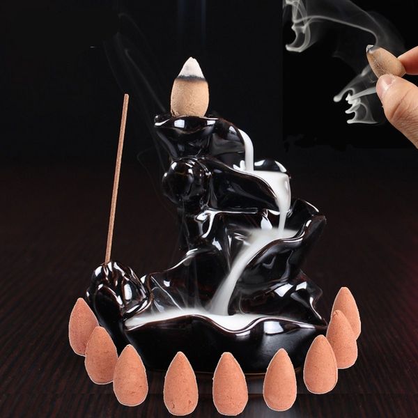 

black flower ceramic backflow incense burner & incense stick holder buddhist censer aromatherapy diffuser home decor + 10pcs cones