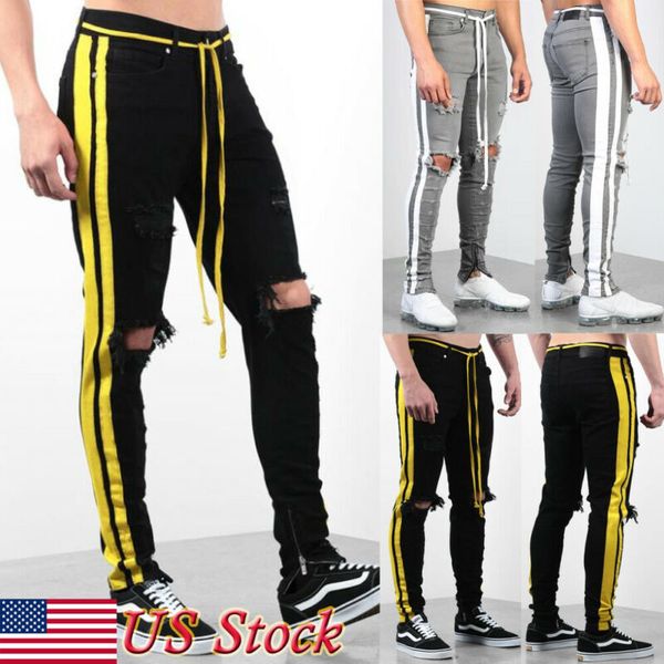

mens casual pants denim joggers hip hop elastic jogger slim fit stretch trousers, White;red