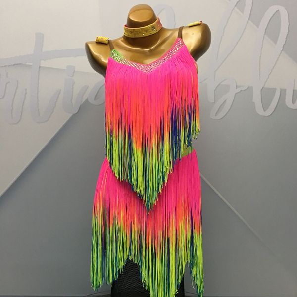 

new latin dance dress women colorful tassel practice clothing female gradient fringe diamond performance skirt dql2101, Black;red