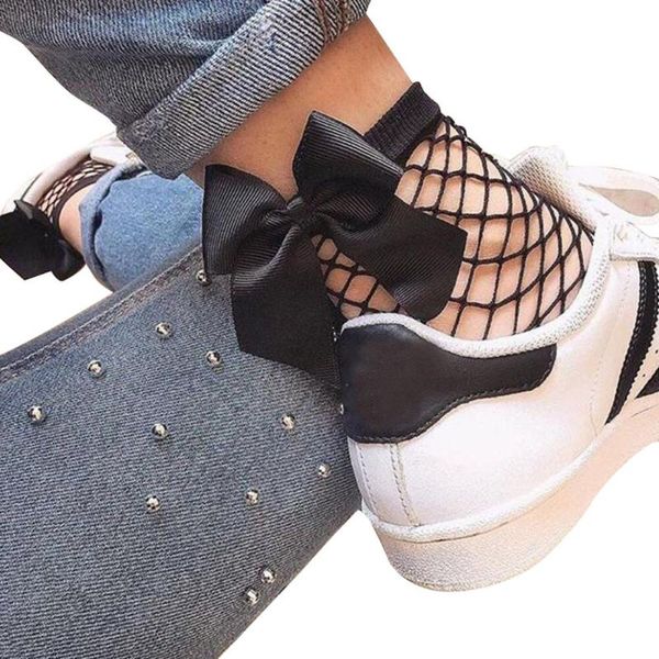 

new 2018 fashion summer women ruffle large fishnet ankle high socks bow tie mesh lace fish net short socks chaussettes l*5, Black;white