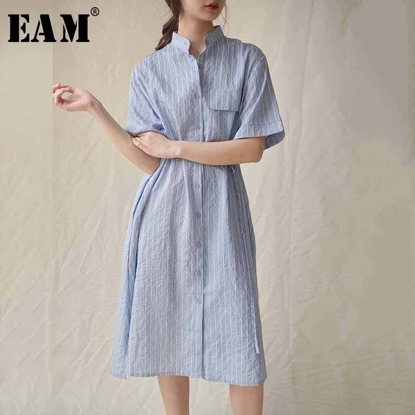 

eam] women blue striped split big size shirt dress new stand collar half sleeve loose fit fashion tide spring summer 2020 1u905, White;black