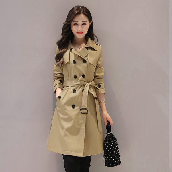 

2019 spring korean british style high-end solid color thin double-breasted long section ladies windbreaker jacket, Tan;black