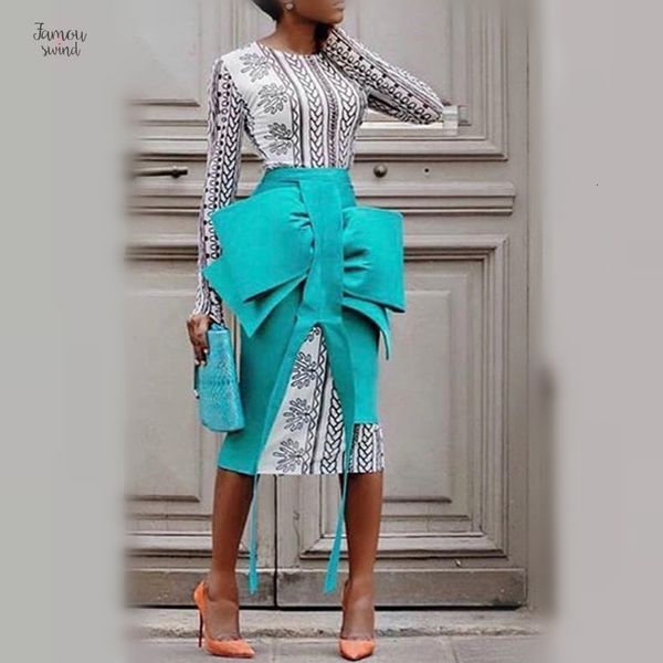 

2 sets spring women pencil with skirts printed dresses suits elegant big bowtie slim split jupes lady fashion 2019 summer, White
