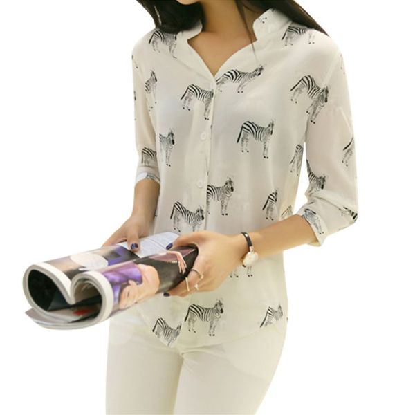 

women fashion letter zebra print blouse chiffon shirt blusas girls long sleeve button down 2019 summer casual blouse, White