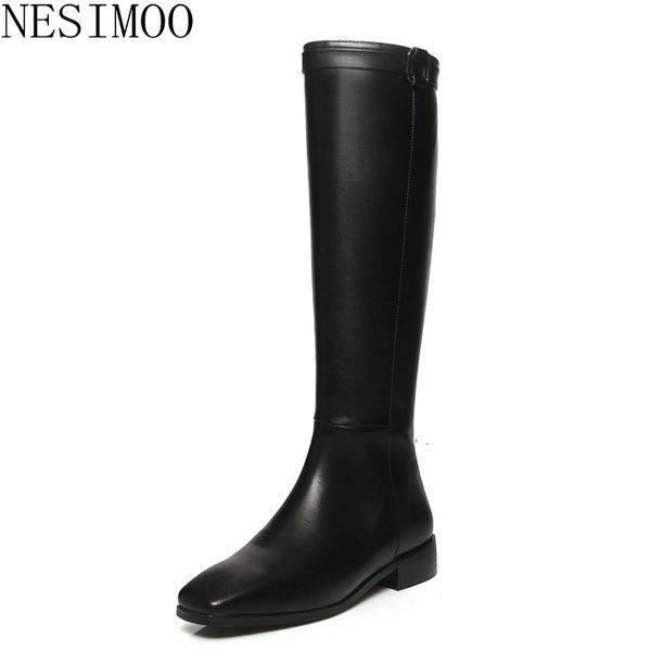 

nesimoo 2019 fashion women boots square toe black basic all match genuine leather square low heel zipper ladies shoes size 34-43