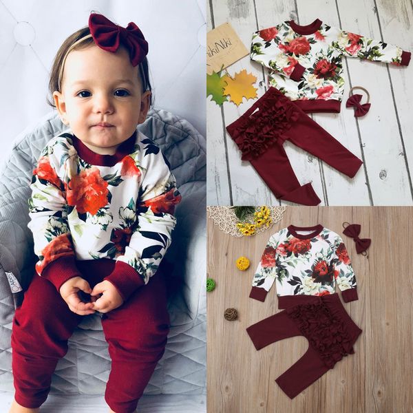 

loozykit baby girls floral clothing set infant flower t-shirt ruffles pant headband suit kids cotton clothes children overalls, White