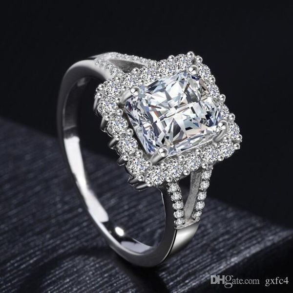 

women's large cubic zircon ring sterling silver 9mm main stone wedding rings for women silver jewelry bague femme, Golden;silver