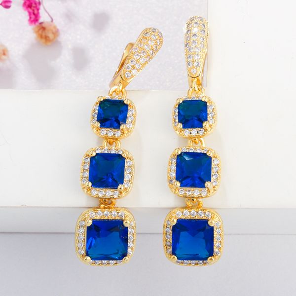 

qoolady 2019 fashion 585 yellow gold women jewelry red blue cz stone square link dangle drop earrings for women prom party e088, Silver