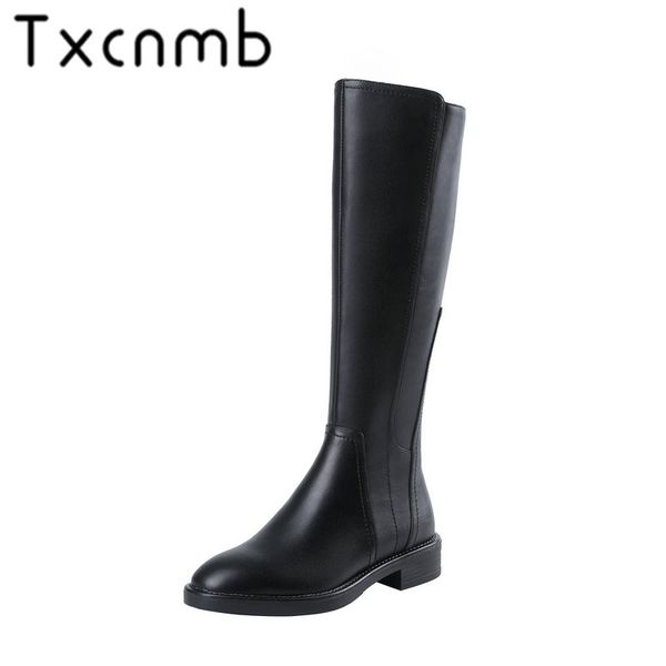 

txcnmb winter boots women knee high boots warm new fashion cow leather women shoes round toe heel black ladies 2019