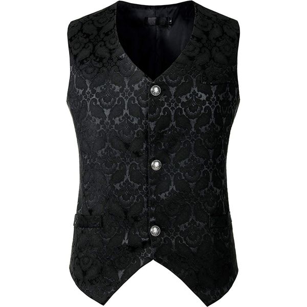 

black steampunk suit vest men gothic victorian single breasted brocade medieval halloween cosplay jacquard waistcoat costume 3xl, Black;white