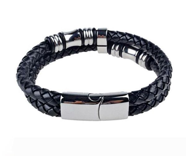 

double layer genuine leather titanium steel magnet bracelet punk rock charm men bracelet fashion men's jewelry d715l, Golden;silver