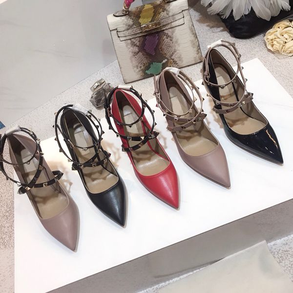 

ankle straps sandals women high heels 8.5cm genuine leather rivets girls pointed shoes pumps dance wedding shoes with box much color, Black
