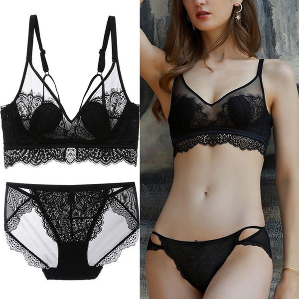 

lingerie feminine lace transparent mesh yarn hollow girl student underweat sets no steel ring thin beautiful back bra set, Red;black