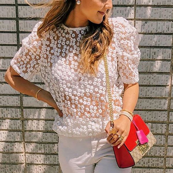 

fashion women floral lace bow bandage short sleeve blouse t-shirt, White