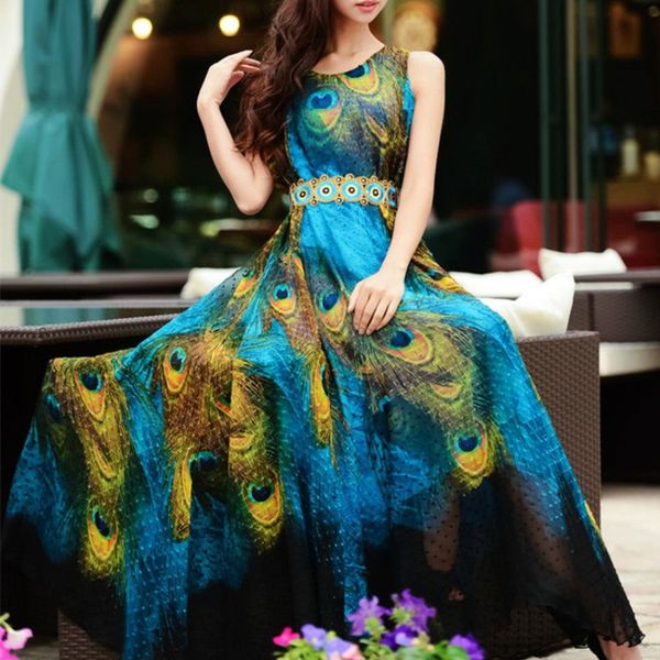 

summer lady sleeveless expansion underdress women maxi party dress boho long beach chiffon peacock printed dress, Black;gray