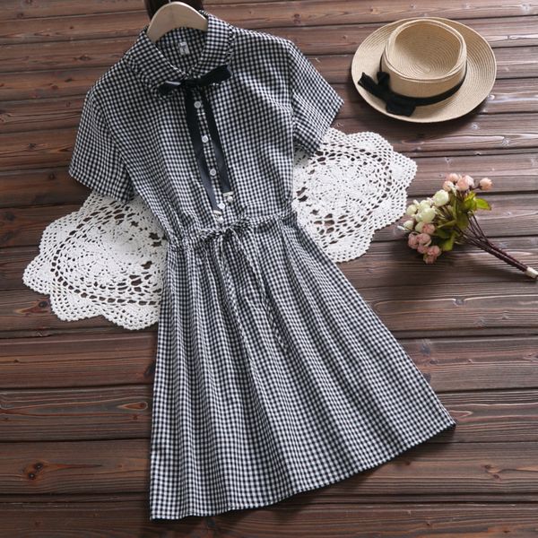 

2019 summer new cotton retro literary turn down collar bow plaid tie button waist short sleeve dress a line dresses, Black;gray