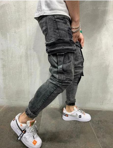 

jeans spring big pockets pencil pants ripped biker jean trousers 2020 mens black designer, Blue