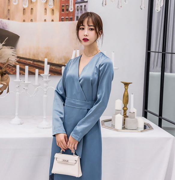 

2018 новый бренд женские платья асимметричная сложенная длинная юбка глубокий v-образным вырезом холтер с длинным рукавом сексуальное платье, Black;gray