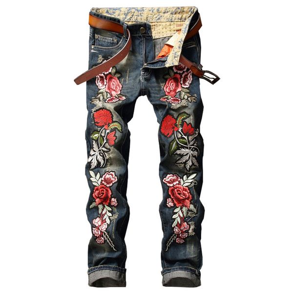 

online shopping jeans fashion designer distressed personality embroidery beauty badge patch flowers ripped distressed jeans men biker jeans, Blue