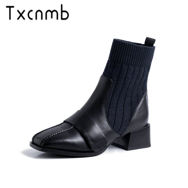 

txcnmb 2019 boots women ankle boots for women winter genuine leather high heel shoes woman knitting shoes, Black