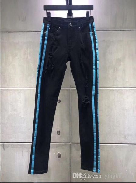 

fashion men blue stripe wear stretch jeans breaks holes pattern hollow out biker classic easy slim straight denim trouse