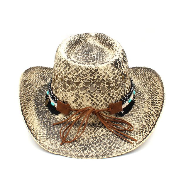 

9 women men straw western cowboy hat handmade weave lady dad sombrero hombre cowgirl jazz caps bohemian tassel band size 56-58cm, Blue;gray