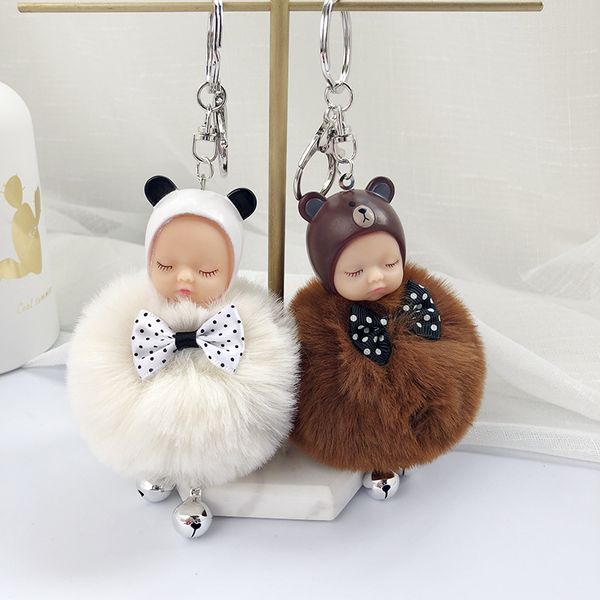 

new fashion pink dreaming doll tip ear sleep keychain cute cartoon artificial hair ball car key chain plush bag pendant, Silver