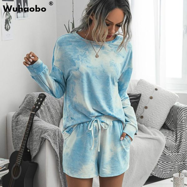 

wuhaobo women comfort home clothes tie-dyed print 2-piece set fashion long sleeve and drawstring shorts casual female sets, White